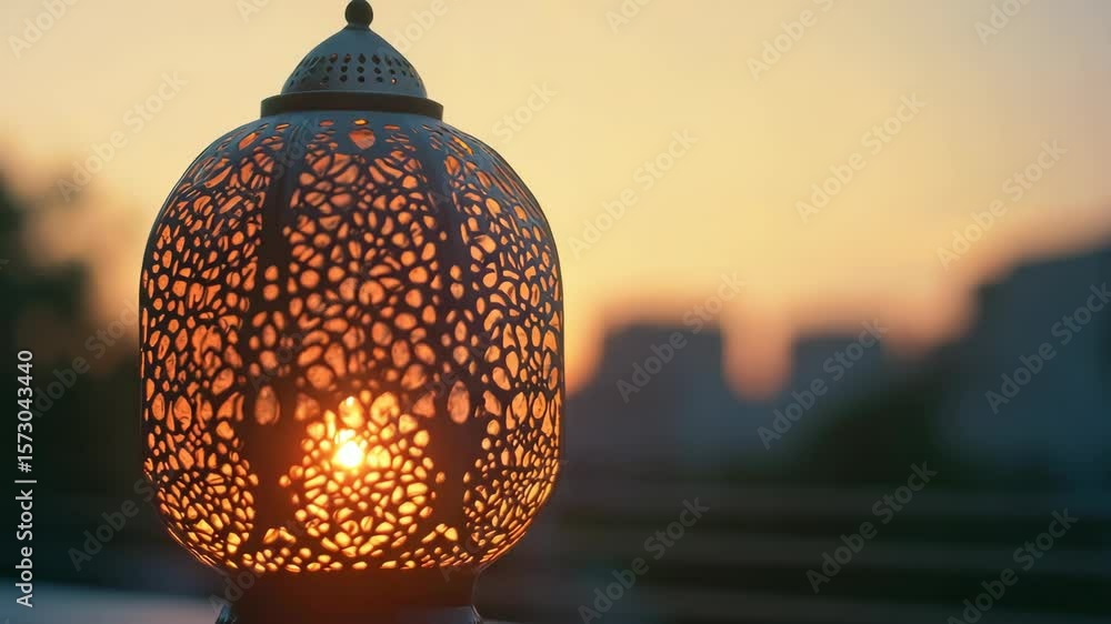 Poster a lantern with a light shining through it. the lantern is on a ledge