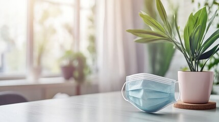 Close-Up of a Surgical Face Mask on a Table Near a Potted Plant in a Bright and Modern Indoor Environment, Capturing a Sense of Safety and Wellness