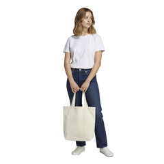 Smiling young woman with a shopping bag and suitcase, a casual lady in fashion
