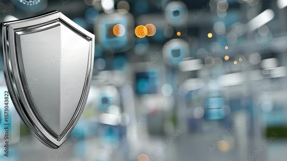 Poster metal shield symbol displayed prominently in a high-tech environment with blurred digital elements i