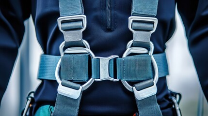 Close-up of Safety Harness with Metal Buckles and Straps for Mountain Climbing, Construction Work or Adventure Sports in Action, Focus on Essential Gear and Tools
