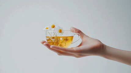 A hand gently holds a clear cup of lemon tea with floating daisy blossoms inside.