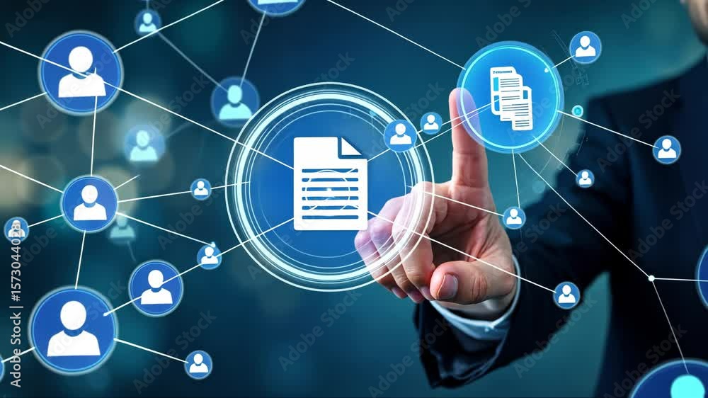 Poster hand pointing at a document icon on a digital interface with blue and white elements, surrounded mod