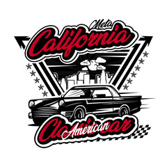 Meta california american classic car t-shirt design template. Retro california t-shirt design classic american car vibes with city, sun, clouds, birds, stars, and checkered flag.