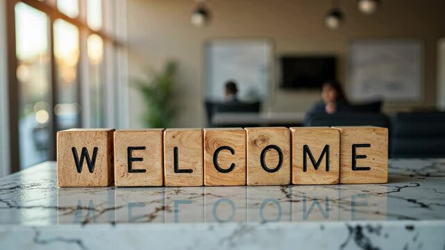 Wooden block with the word "welcome" written on it. The blocks are arranged in a row, and the word is written in black letters. Concept of warmth and hospitality, inviting people to come in