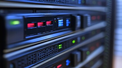 Close-Up View of Network Server Rack with Active LED Indicators Showcasing Data Storage Components and Cooling System in a Modern Data Center Environment