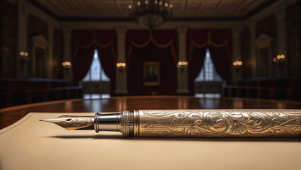 American aristocracy emerged through generations of wealth. Elegant pen resting on a document in a luxurious, well-lit room with historical decor.