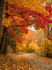 Autumn forest road with colorful leaves in a peaceful park setting.