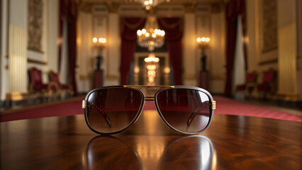 American aristocracy emerged through generations of wealth. Sunglasses resting on a table in an opulent room with elegant decor and chandelier lighting.