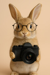 Cute rabbit wearing glasses holds a camera, ready to capture moments in a light-colored setting Generative AI