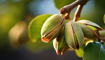 close up photo of pistachios growing on branch