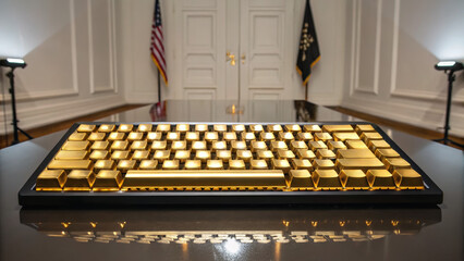 American aristocracy emerged through generations of wealth. A luxurious gold keyboard placed on a polished surface in an official-looking room.