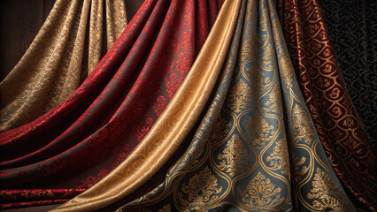 American aristocracy emerged through generations of wealth. Richly patterned fabric drapes in various colors and textures.