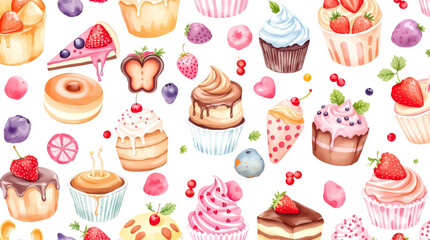 Watercolor Sweet desserts pattern on white background