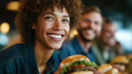 Group of friends celebrating Independence Day with burgers and salads in a vibrant eatery.