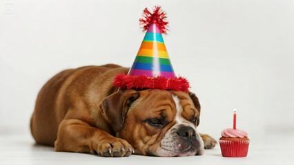 A funny and sad English Bulldog wearing a party hat celebrating its birthday with a cupcake and candle, on a white background