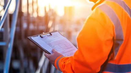 Construction Worker with Safety Vest Reviewing Inspection Report at Sunset in Industrial Environment Highlighting Safety and Compliance Procedures