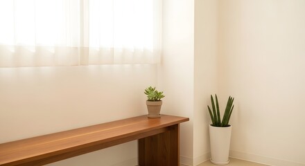 Wooden bench and single potted plant in empty waiting area with soft light and clean architecture