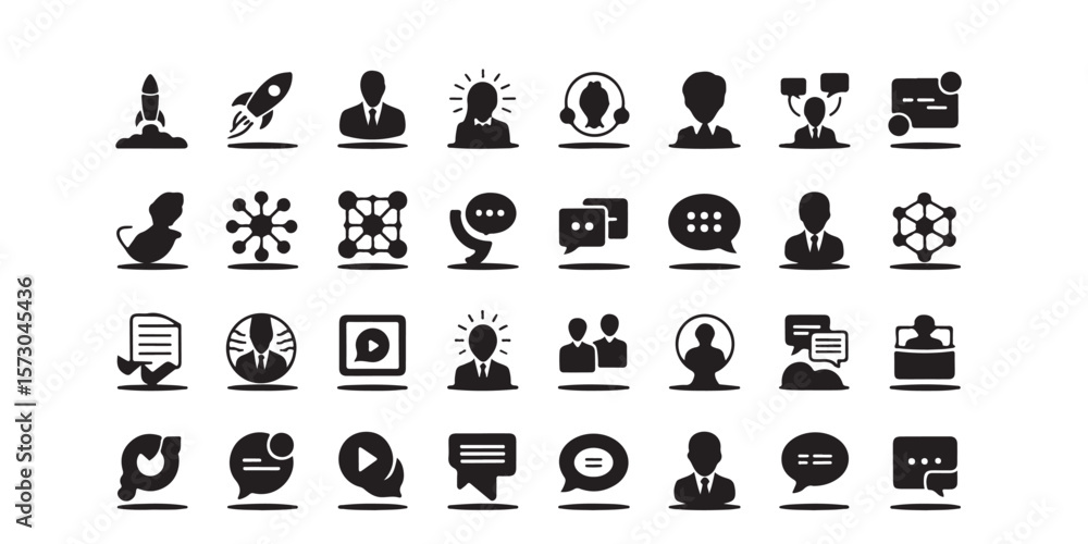 Poster collection of black business and communication icons arranged on a white background neatly in rows