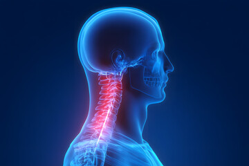 Obraz premium 3D render of human neck with red spine inflammation. High-tech anatomical illustration for medical themes, healthcare visuals, and spine therapy.