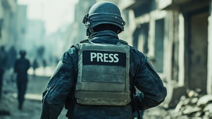 Courageous journalist wearing protective gear with a "PRESS" insignia on the back, documenting war scenes in a dilapidated urban landscape filled with uncertainty and danger