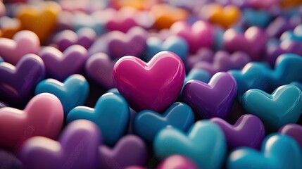Colorful Hearts in a Dazzling Arrangement, Vibrant Pink, Blue, and Purple Heart Shapes Creating a Whimsical and Playful Background Ideal for Love and Affection Themes