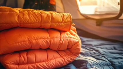 Cozy Adventure Scene Inside Tent Featuring Neatly Folded Orange Sleeping Bags and Textured Blue Sleeping Pad Under Warm Natural Light