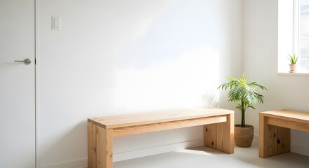 Fototapeta premium Wooden bench and single potted plant in empty waiting area with soft light and clean architecture