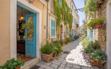 Naklejka premium Charming Mediterranean Alleyway With Colorful Doors and Vibrant Flowers