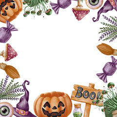 Square Halloween frame with jack-o'-lanterns, candies, mushrooms, witch hats, brooms, eyeballs, and plants. Hand-painted in whimsical watercolor style, perfect for spooky party designs and cards