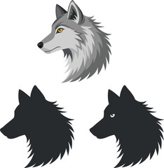 Fototapeta premium Gray wolf head profile with black silhouettes illustration