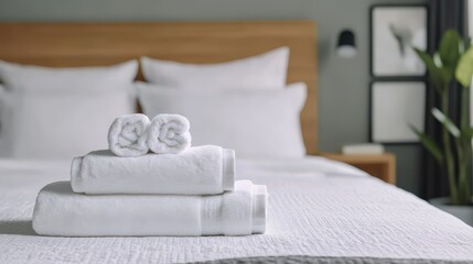 Cozy and Inviting Bedroom with Soft White Towels Stacked Neatly on a Bed, Creating a Relaxing Ambiance for a Perfect Stay Experience
