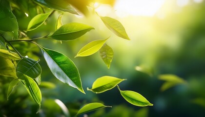 fresh green tea leaves falling and glowing