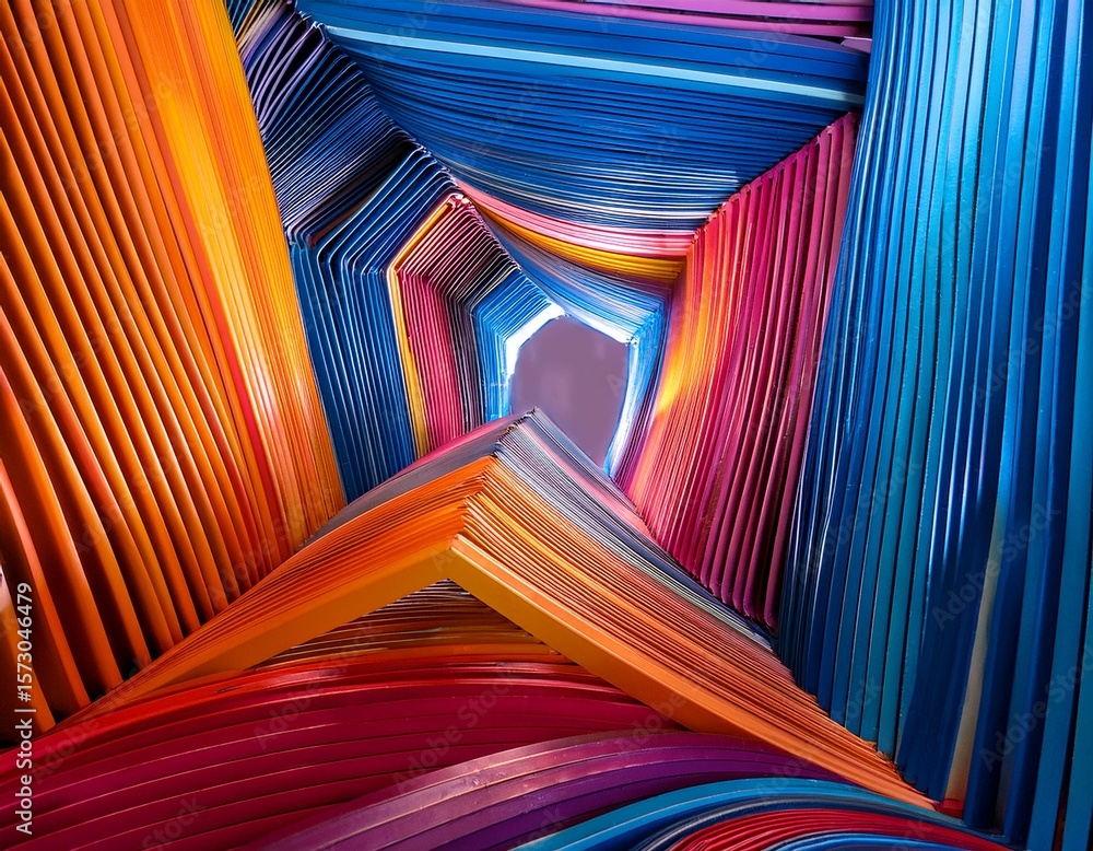 Poster vibrant geometric shapes and lines intertwining creating a dynamic and colorful abstract composition