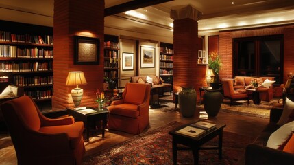 Cozy and Elegant Reading Room with Bookshelves, Warm Lighting, and Stylish Furniture in a Luxurious Setting Ideal for Relaxation and Leisure Activities
