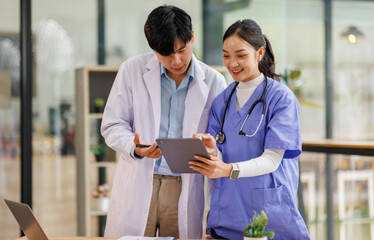 Nurse, doctor or healthcare team with tablet planning schedule, life insurance or medical research...