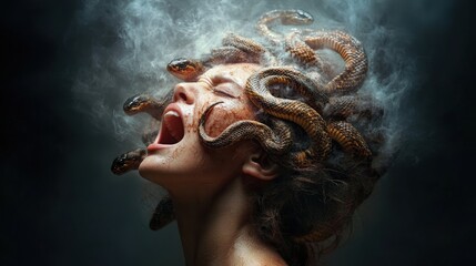 This striking image captures a woman with serpent hair, evoking themes of power and transformation within a mystical atmosphere. Her expression reflects raw emotion, while swirling mists enhance the 