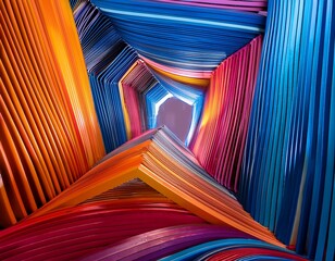 vibrant geometric shapes and lines intertwining creating a dynamic and colorful abstract composition