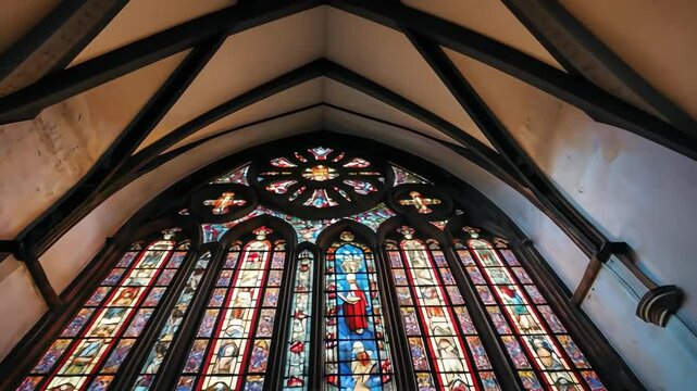 Intricate Stained glass window art with religious figures in church architecture. - Powered by Adobe