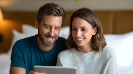 Joyful couple on vacation using a tablet for online shopping. - Powered by Adobe