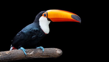 toucan toco au plumage noir bleu et blanc pose sur une branche de bois bec orange vif typique fond noir mettant en valeur les couleurs tropicales de lroiseau exotique