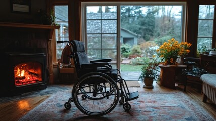 Cozy Living Room with a Wheelchair by a Fireplace and Garden View, Creating an Inviting Atmosphere for Comfort and Accessibility in a Home Environment