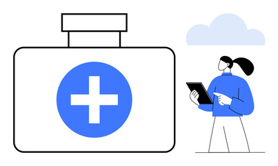 Large first aid kit with blue cross next to a healthcare worker holding a tablet. Ideal for healthcare, digital tools, telemedicine, medical support, online consultation, technology, simple landing