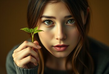 Contemplative female portrait with sprout