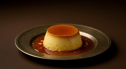 Photograph of caramel pudding on a bronze plate, brown background and soft lighting highlight sophisticated monochromatic style