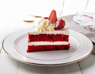 a slice of red velvet cake with cream cheese and strawberry jam served on an elegant white plate