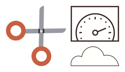 Red-handled scissors, speedometer indicating performance, and cloud outline signify speed, efficiency, and technology. Ideal for cloud computing, innovation, performance, cutting-edge optimization