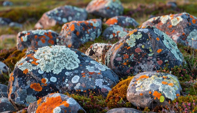 Speckled lichen formations forming mosaic-like coverage on moist stone with subtle hue shifts and organic fragmentation 