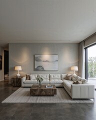 Spacious living room with gray background