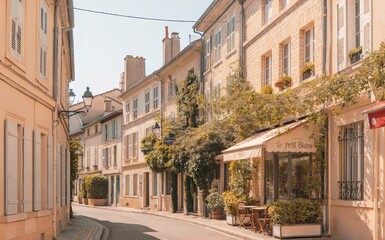 Naklejka premium Quaint Narrow European Street With Historic Buildings and Climbing Greenery